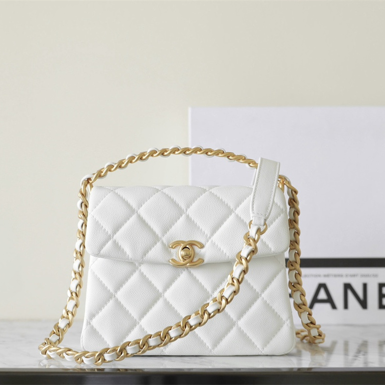 Chanel 24S braided chain top handle flap mini white grain cowhide