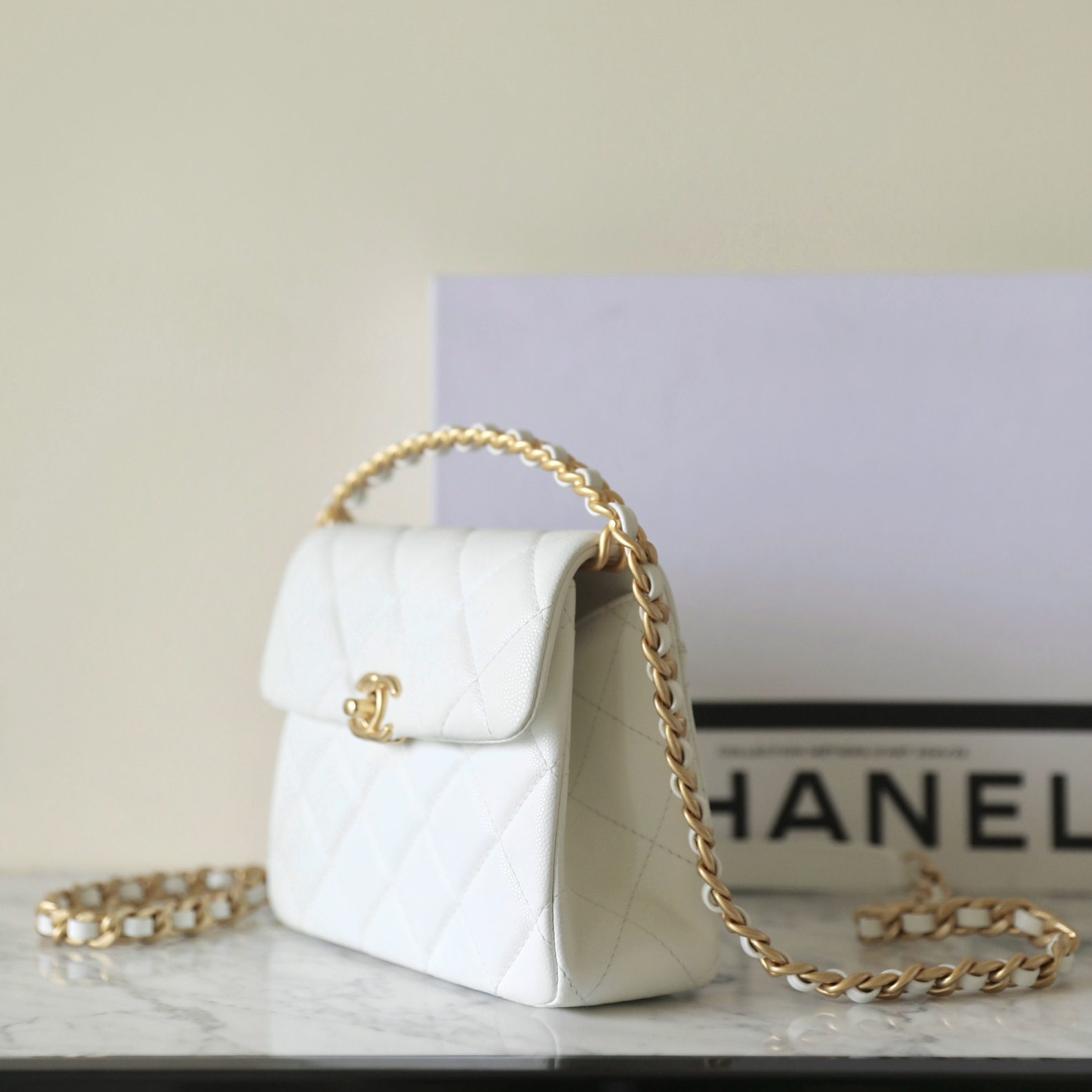 Chanel 24S braided chain top handle flap mini white grain cowhide