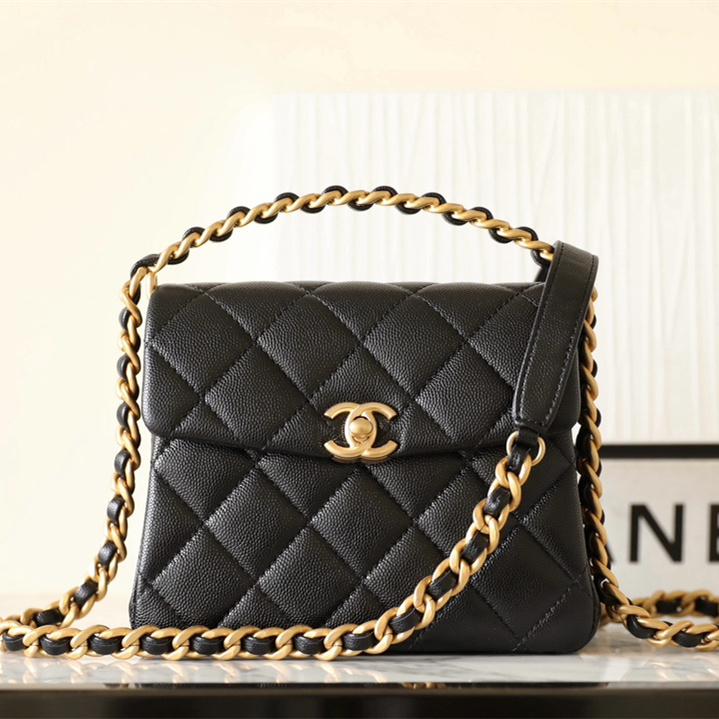 Chanel 24S braided chain top handle flap mini black caviar