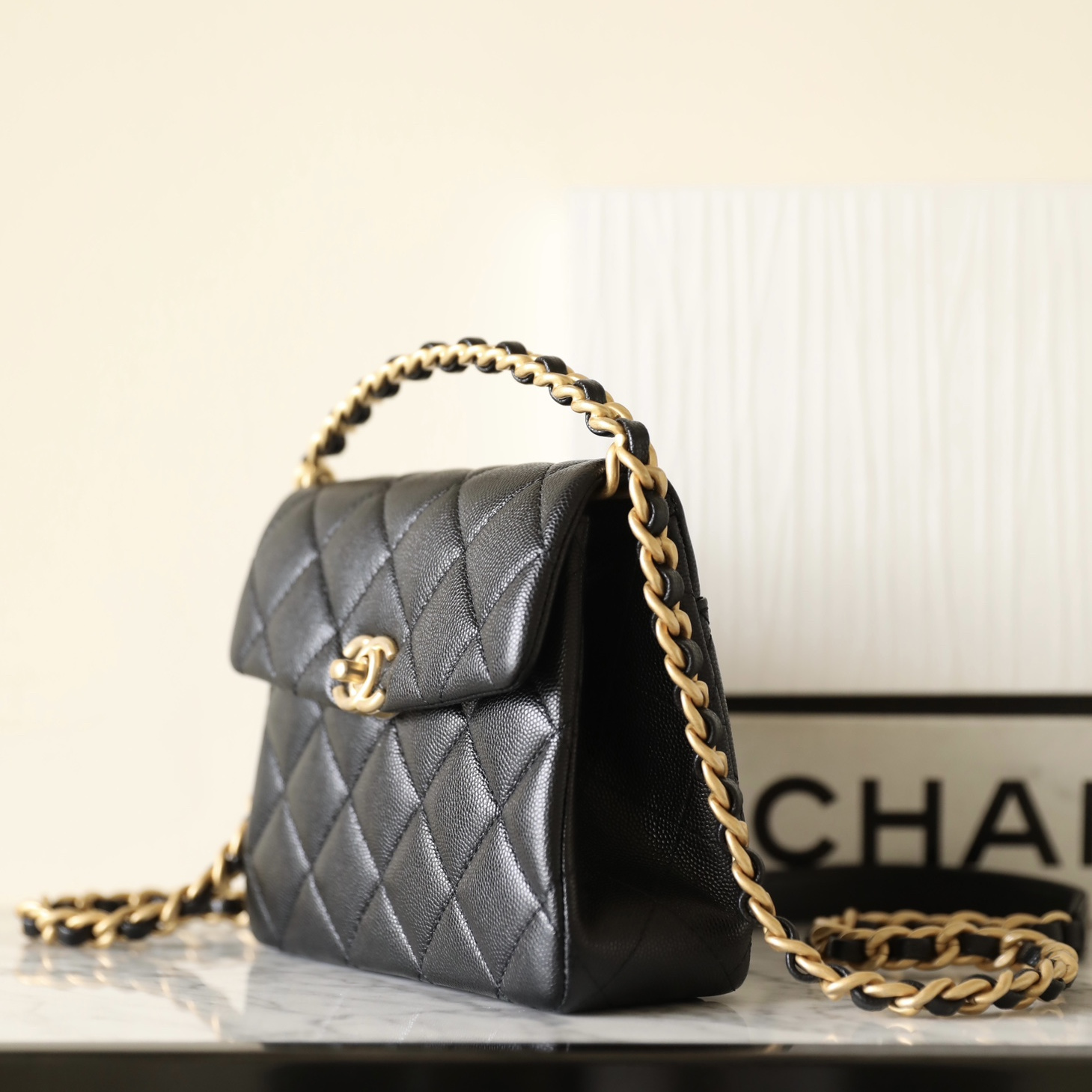 Chanel 24S braided chain top handle flap mini black caviar