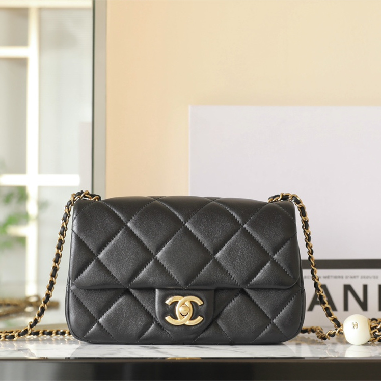 Chanel 24S mini square pearl flap bag black lambskin brushed gold hardware