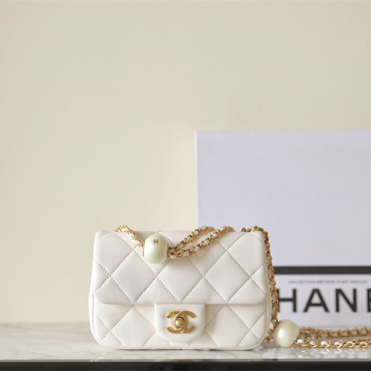 Chanel 24S mini square pearl flap bag white lambskin brushed gold hardware