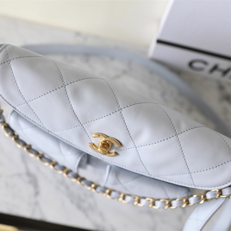 Chanel Shiny Calfskin Quilted Supple Twins Large Hobo Bag Light Grey