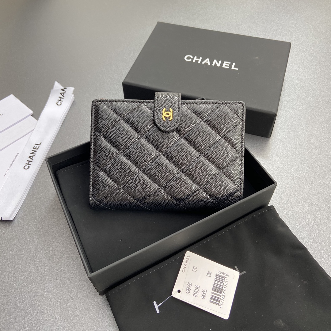 Chanel 24K series AP3824 passport holder caviar black gold buckle