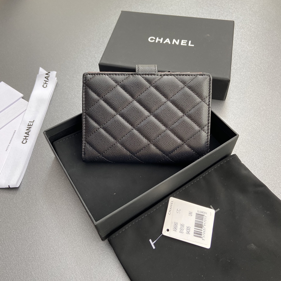 Chanel 24K series AP3824 passport holder caviar black gold buckle