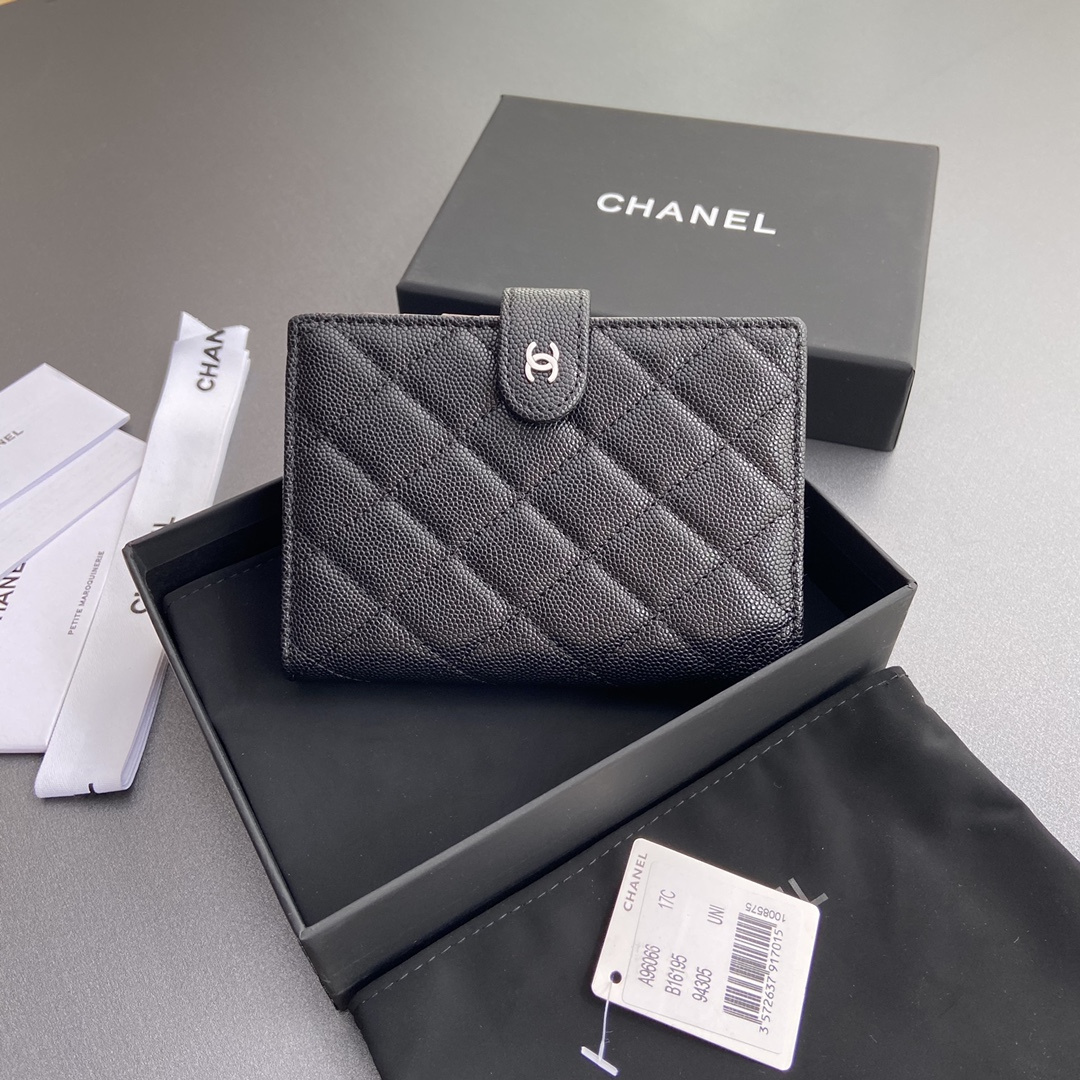 Chanel 24K series AP3824 passport holder caviar black silver buckle