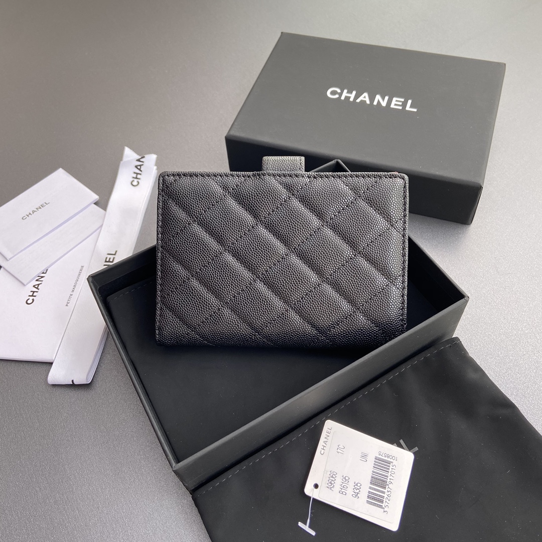 Chanel 24K series AP3824 passport holder caviar black silver buckle