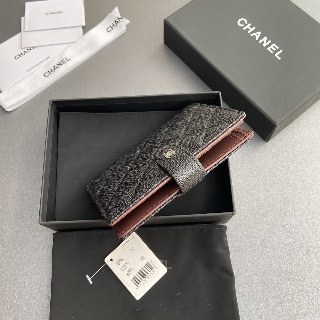 Chanel 24K series AP3824 passport holder caviar black silver buckle