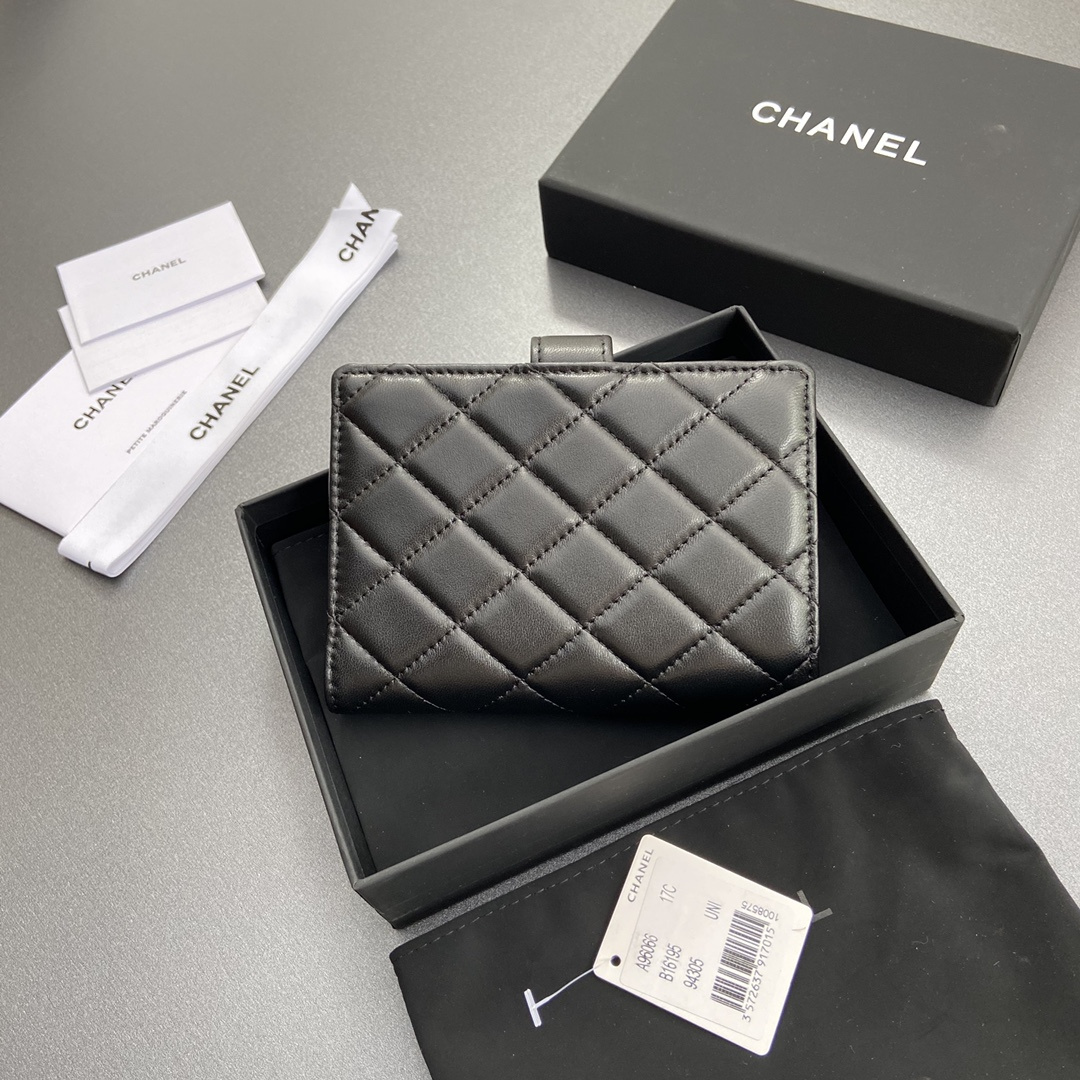 Chanel 24P series AP3825 passport holder lambskin black silver buckle