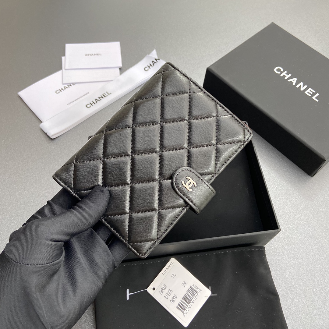 Chanel 24P series AP3825 passport holder lambskin black silver buckle