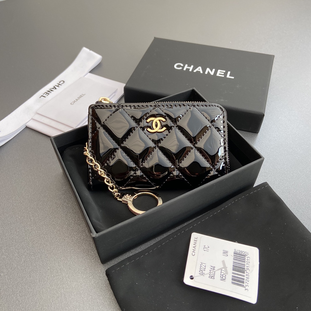 Chanel AP0221 coin purse black patent leather gold buckle