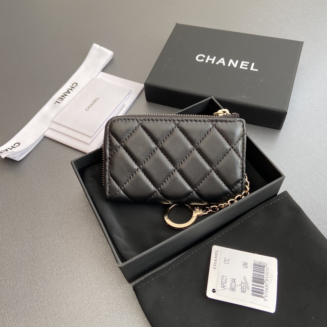 Chanel AP0222 coin purse black lambskin gold buckle