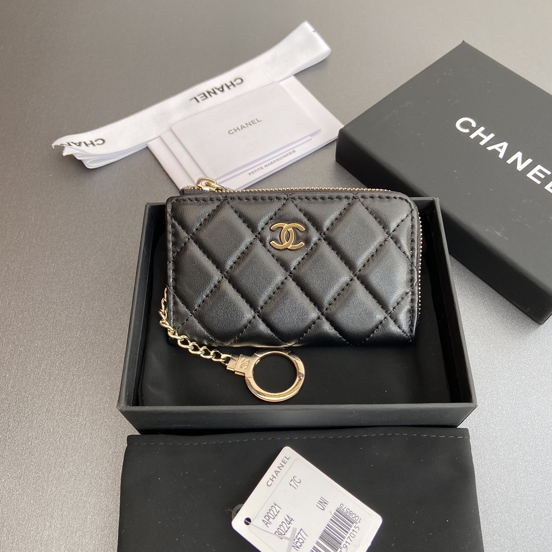 Chanel AP0222 coin purse black lambskin gold buckle