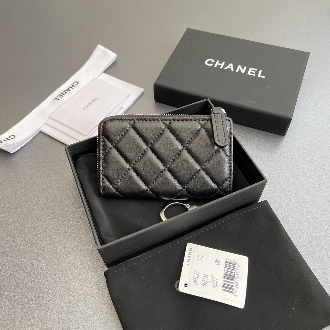 Chanel AP0222 coin purse black lambskin silver buckle