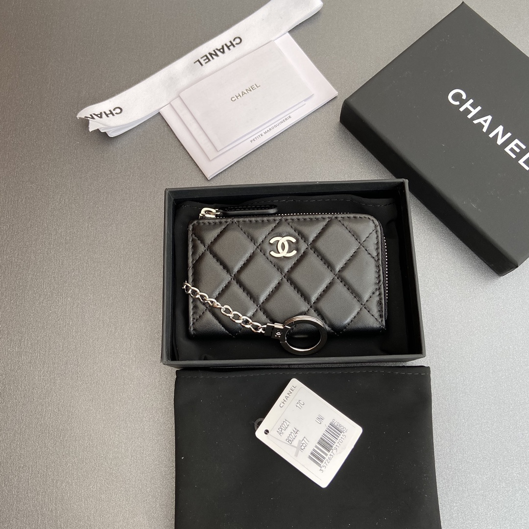 Chanel AP0222 coin purse black lambskin silver buckle