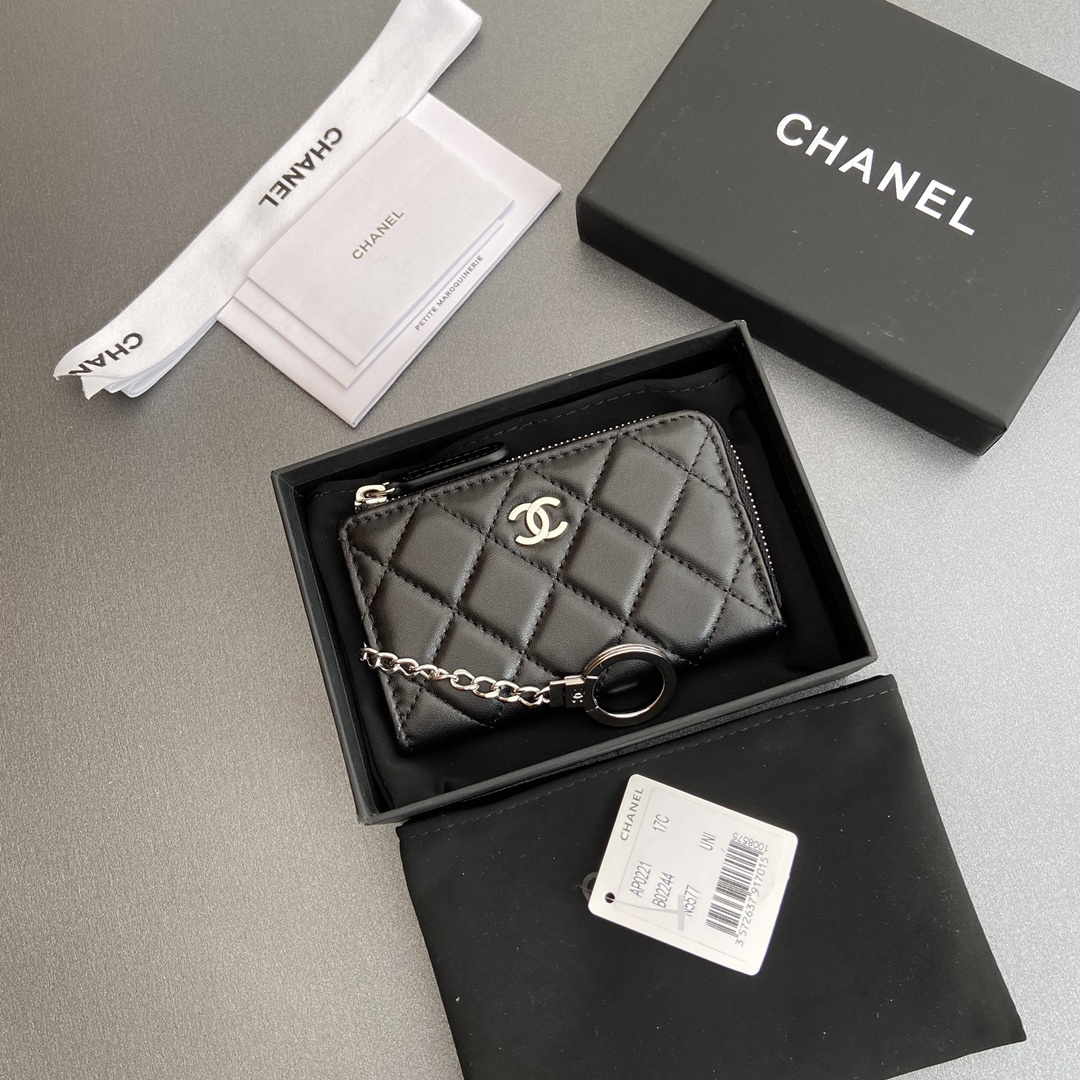 Chanel AP0222 coin purse black lambskin silver buckle