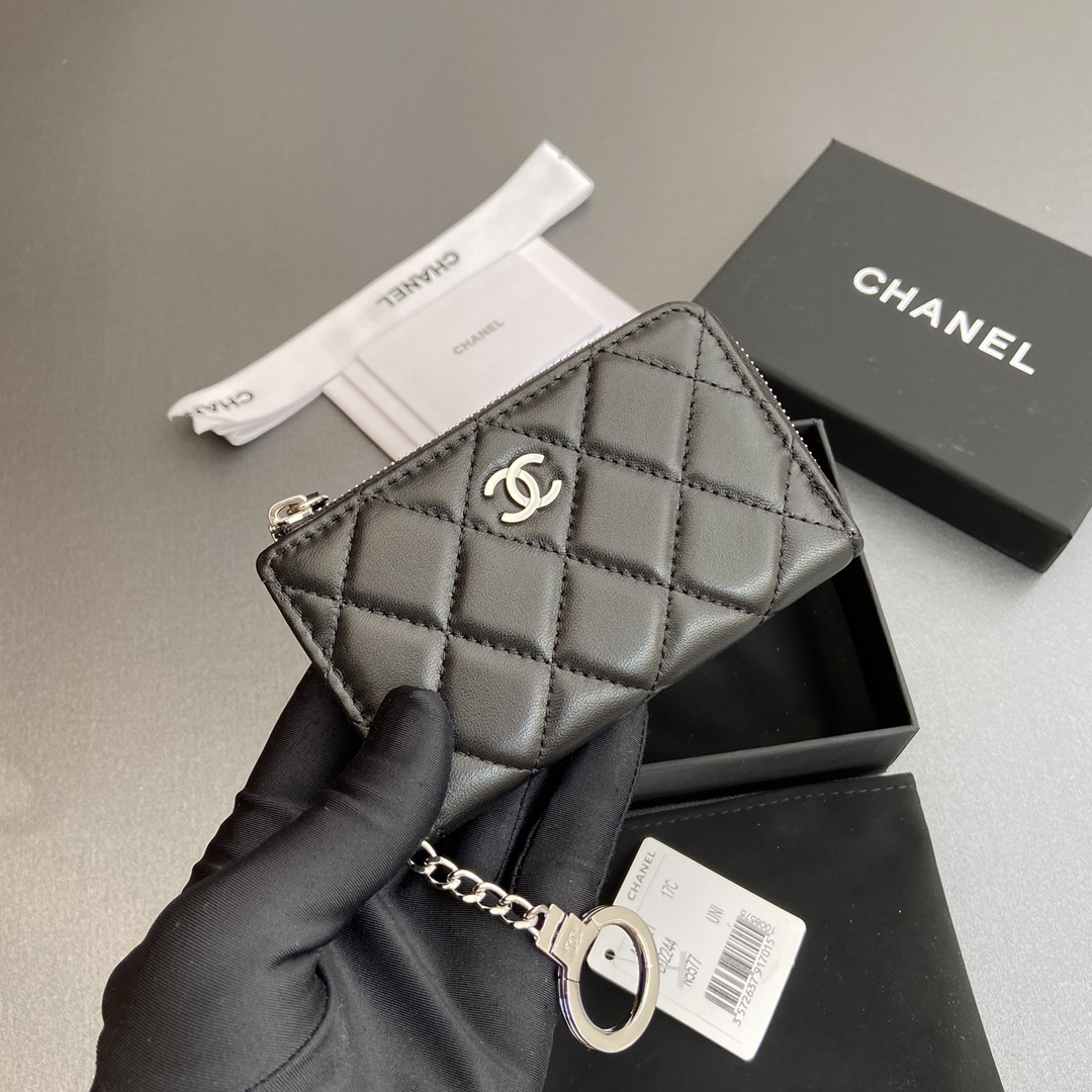 Chanel AP0222 coin purse black lambskin silver buckle