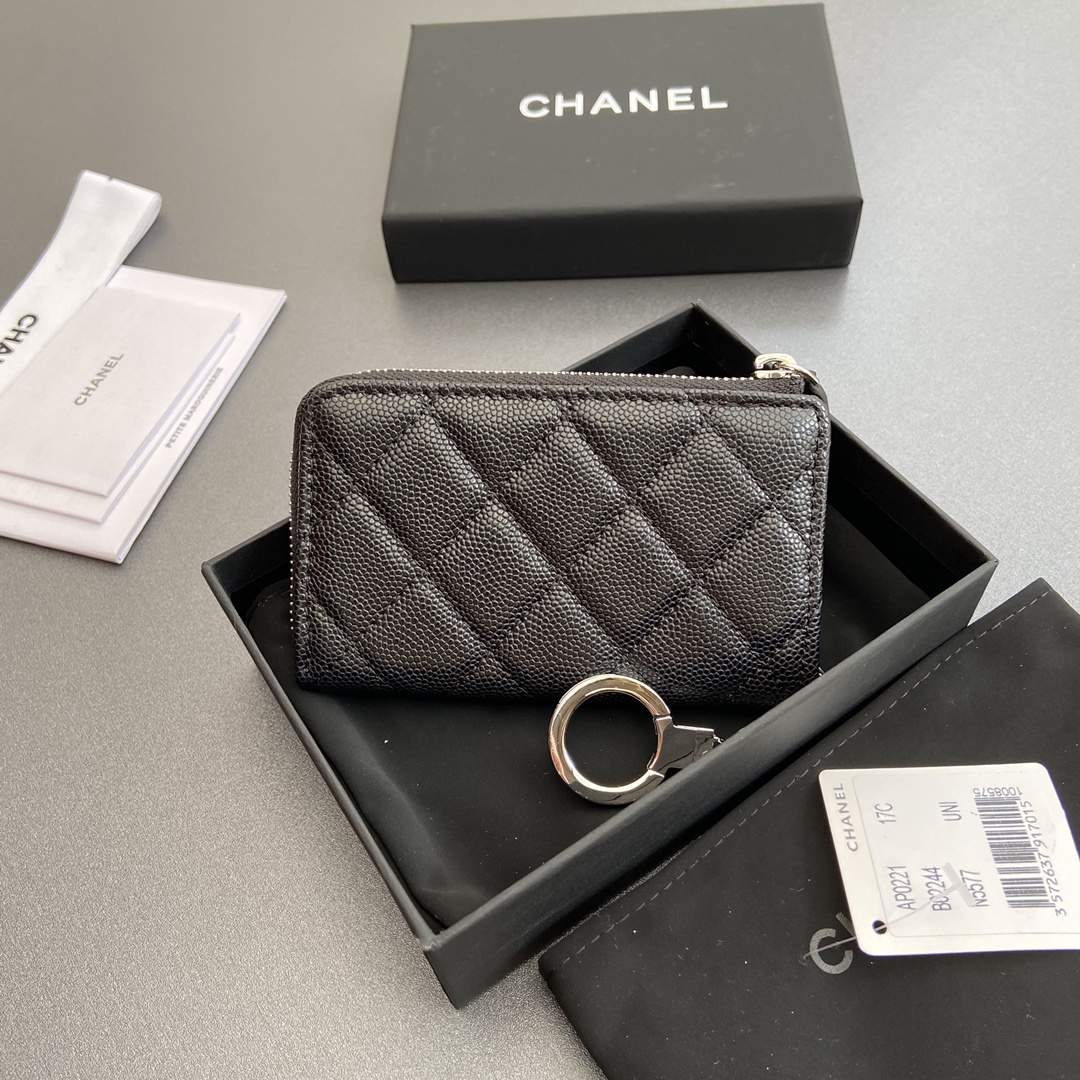 Chanel AP0223 coin purse black caviar silver buckle