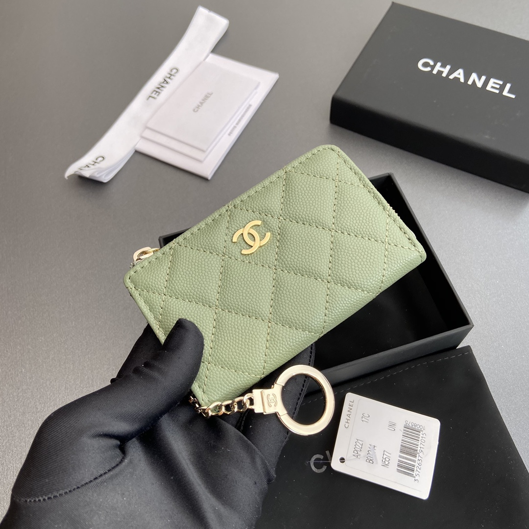 Chanel AP0223 coin purse green caviar gold buckle