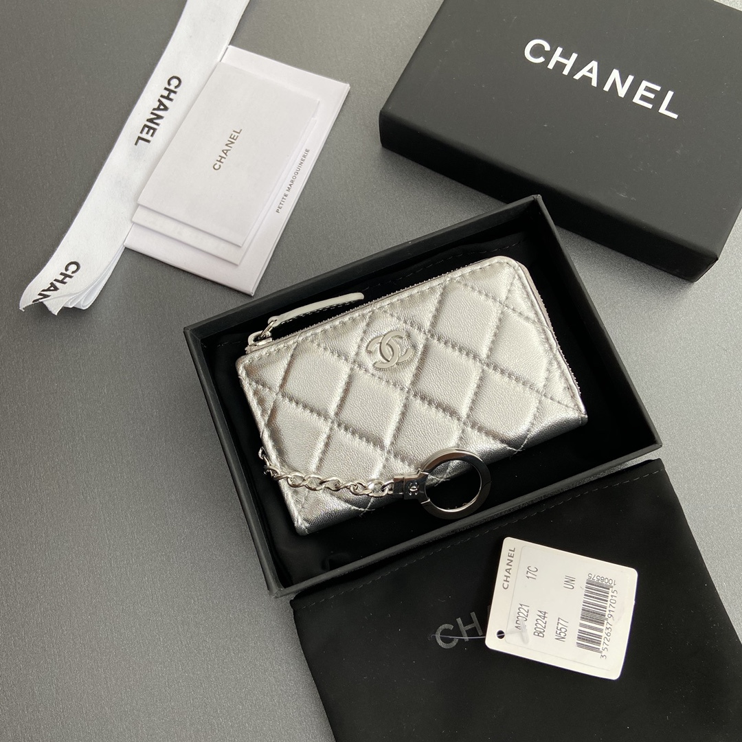 Chanel AP0224 coin purse silver lambskin silver buckle