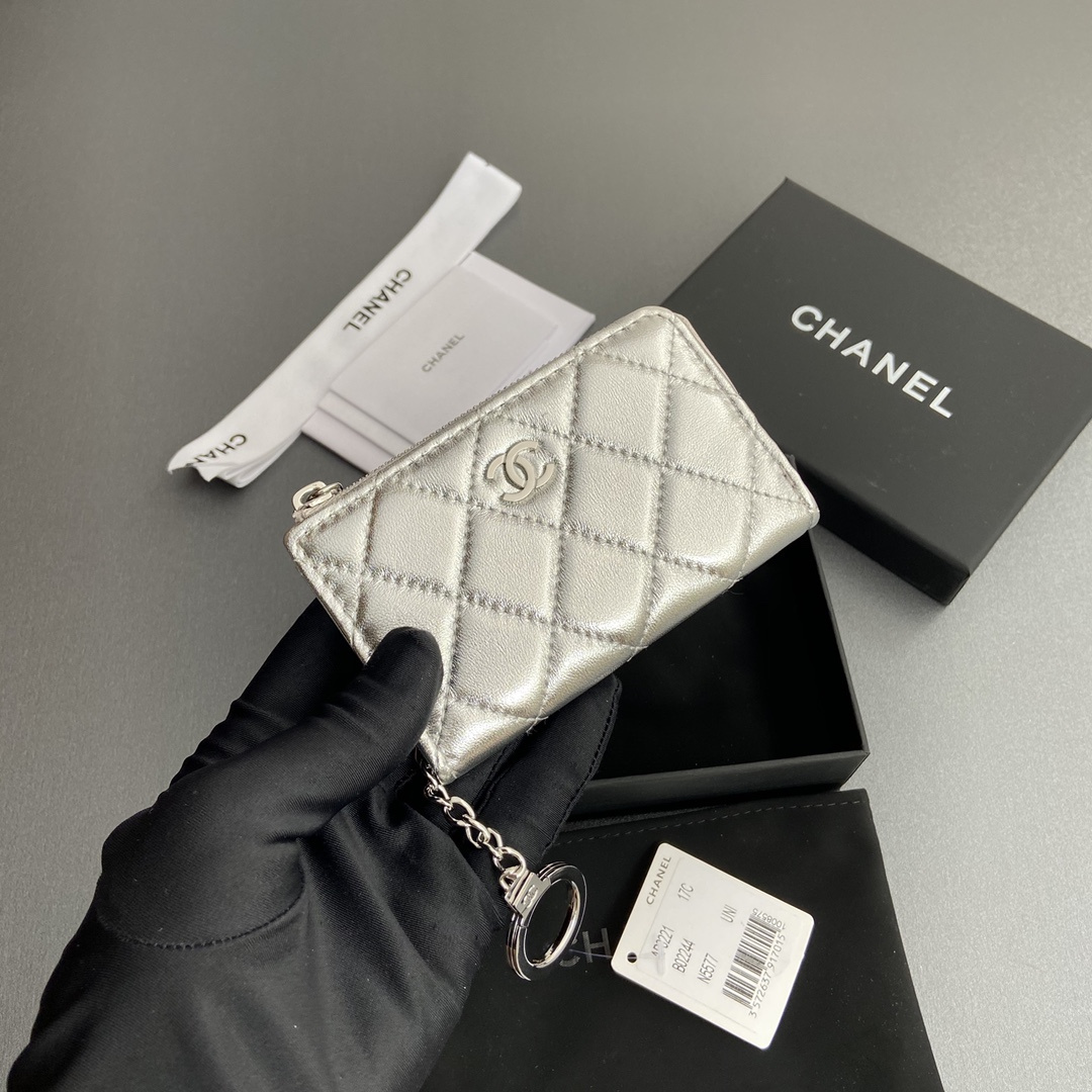 Chanel AP0224 coin purse silver lambskin silver buckle