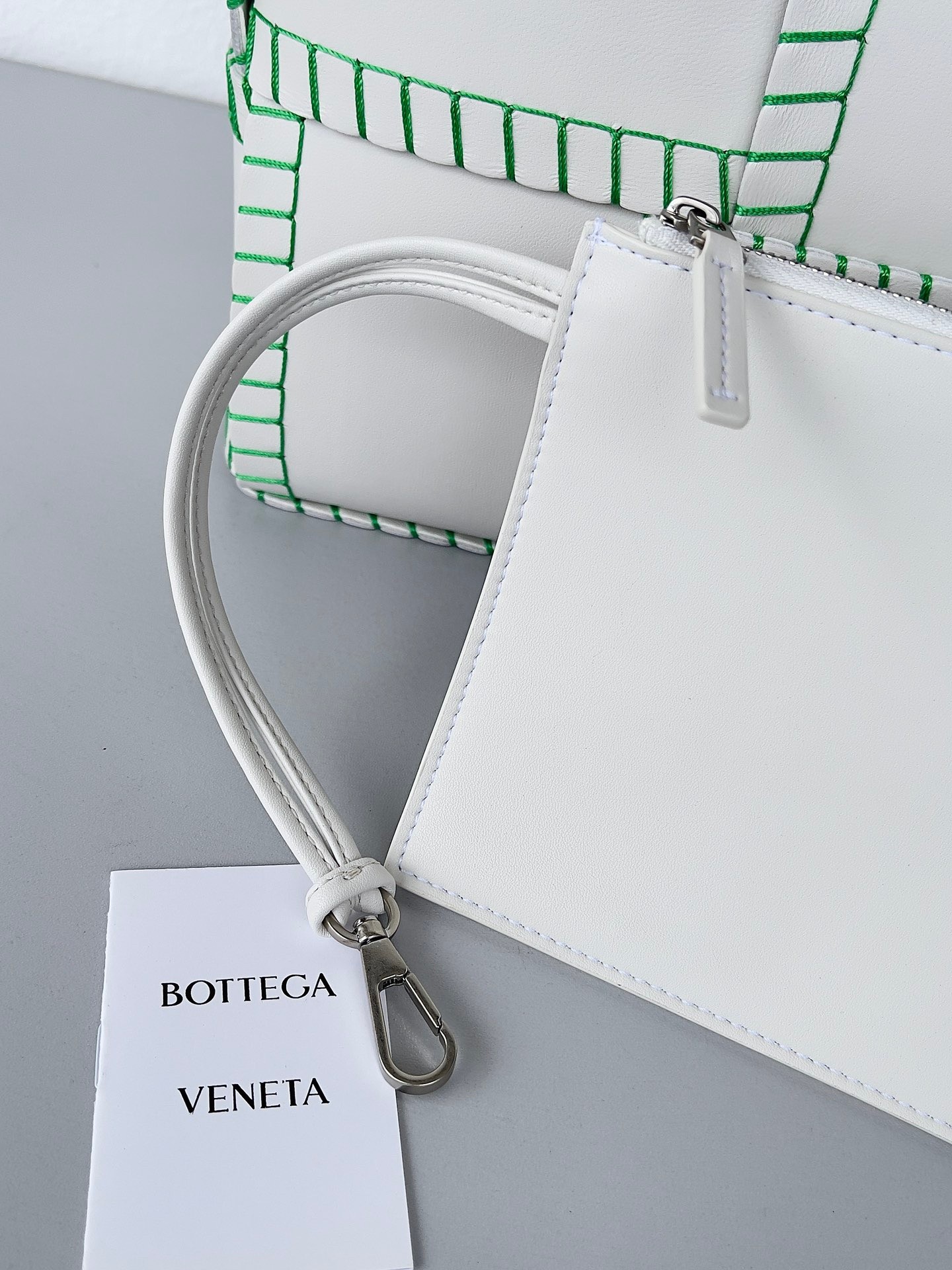 Bottega Veneta White Arco Small Tote with Green Overlock Stitching