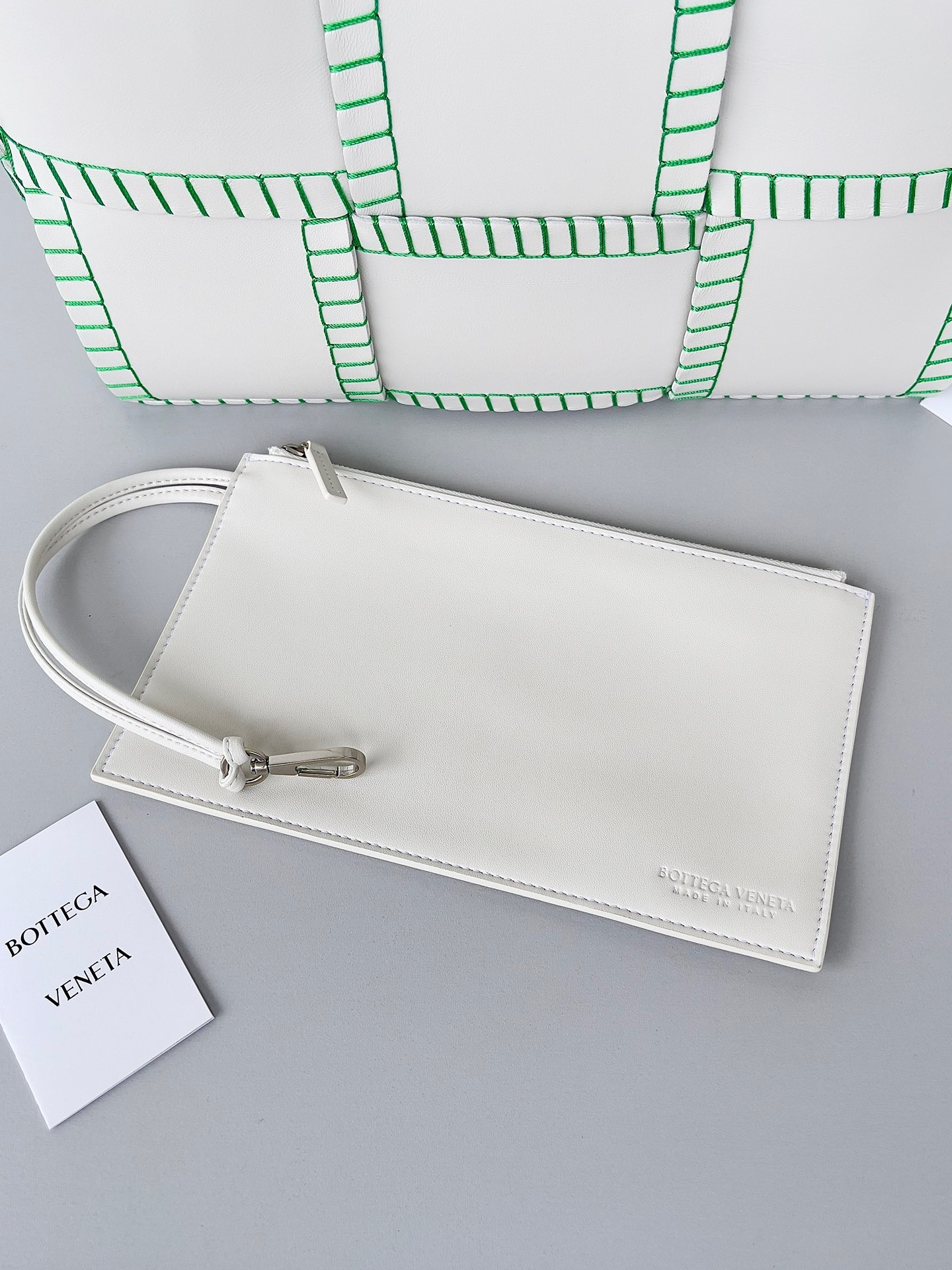 Bottega Veneta White Arco Small Tote with Green Overlock Stitching