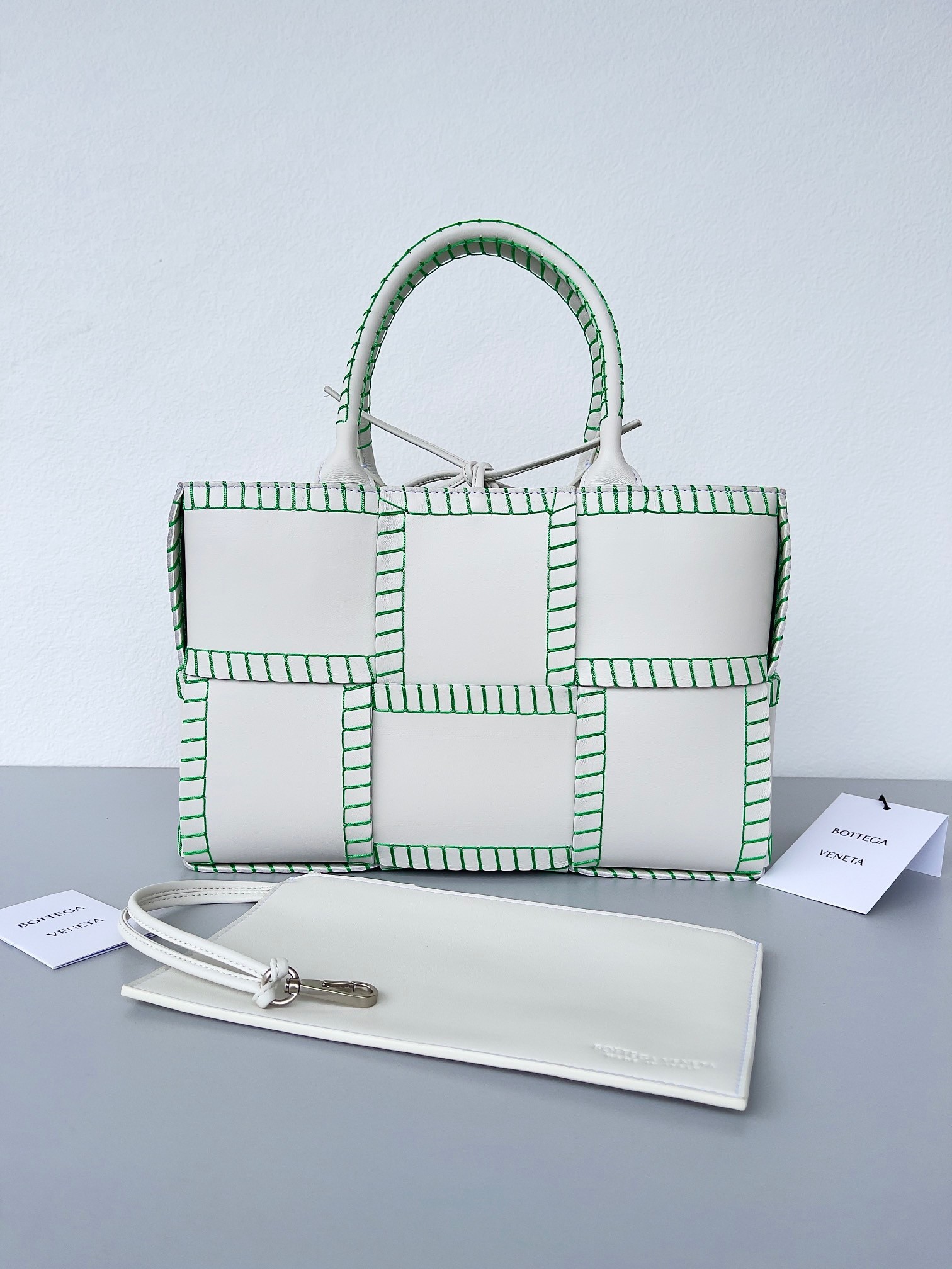 Bottega Veneta White Arco Small Tote with Green Overlock Stitching