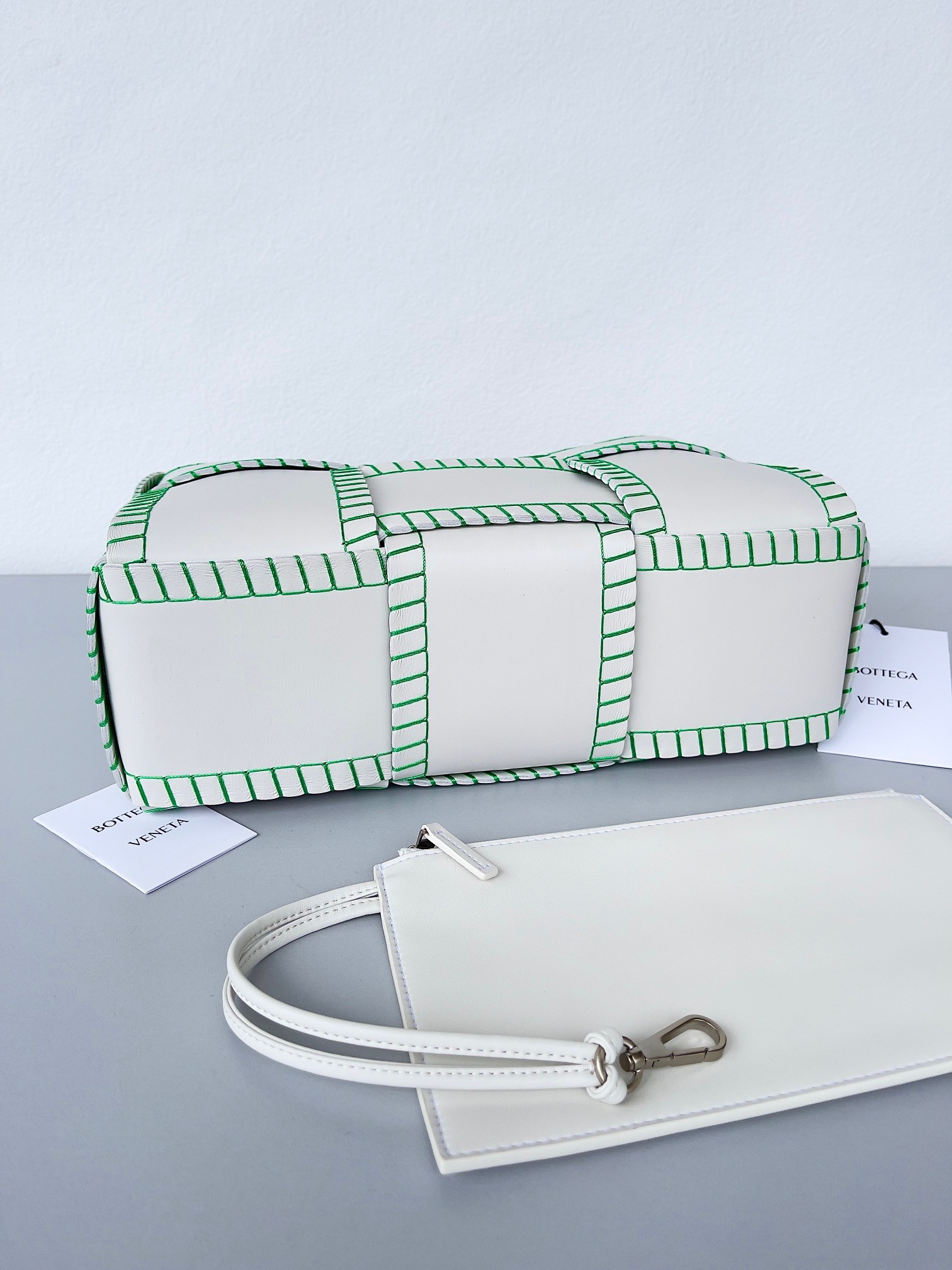 Bottega Veneta White Arco Small Tote with Green Overlock Stitching