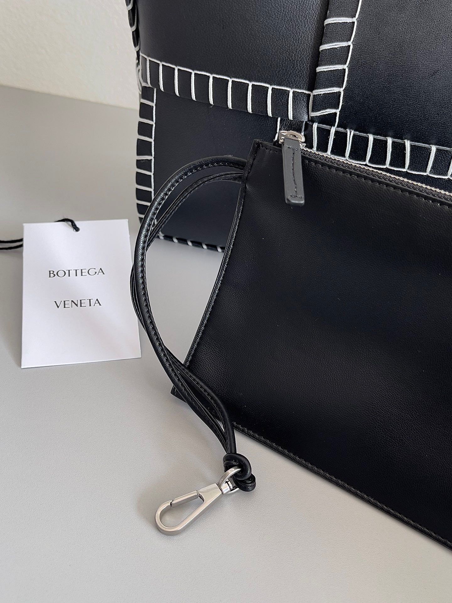 Bottega Veneta Black Arco Small Tote with White Overlock Stitching