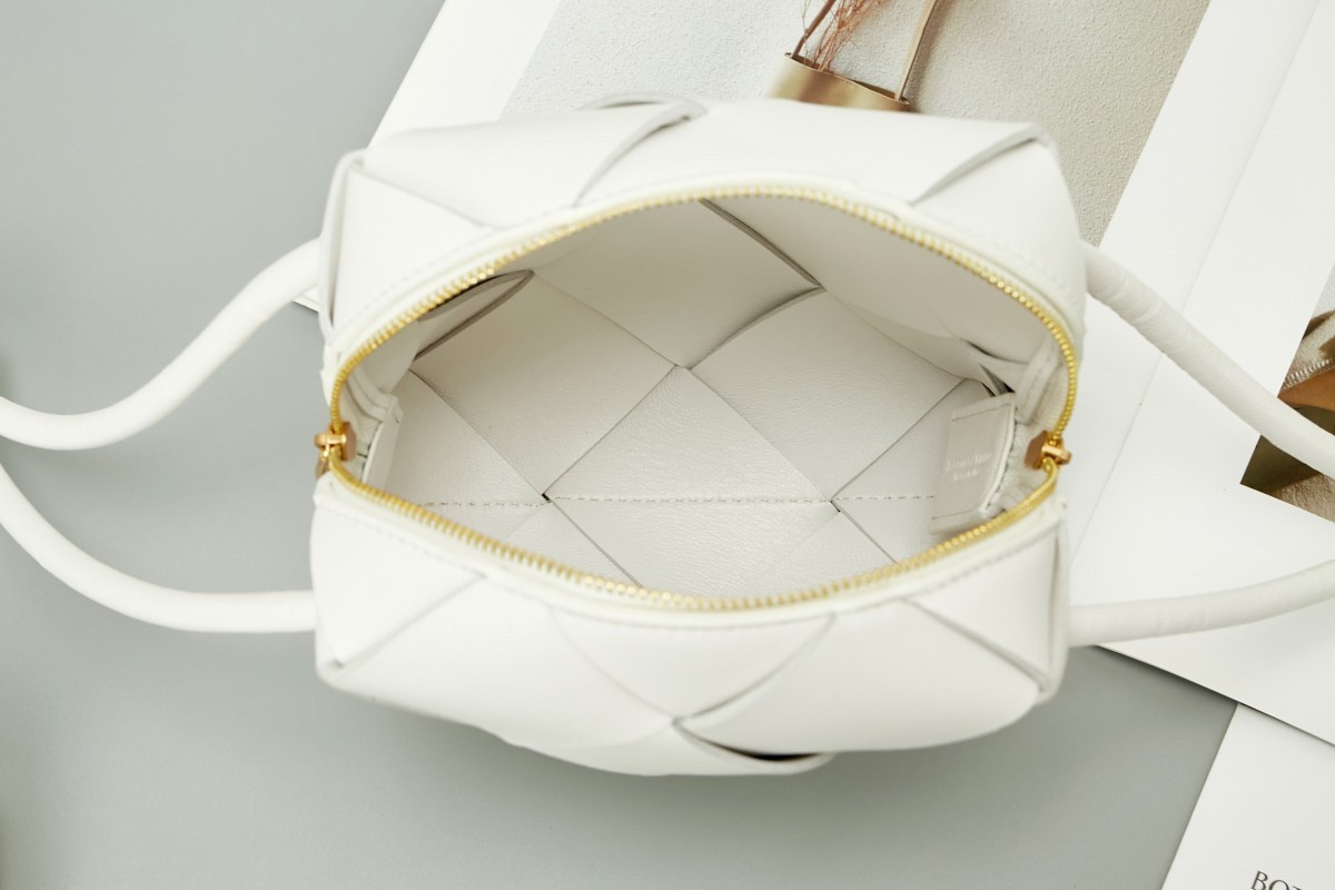 Bottega Veneta Mini Cassette Camera Bag In White Lambskin