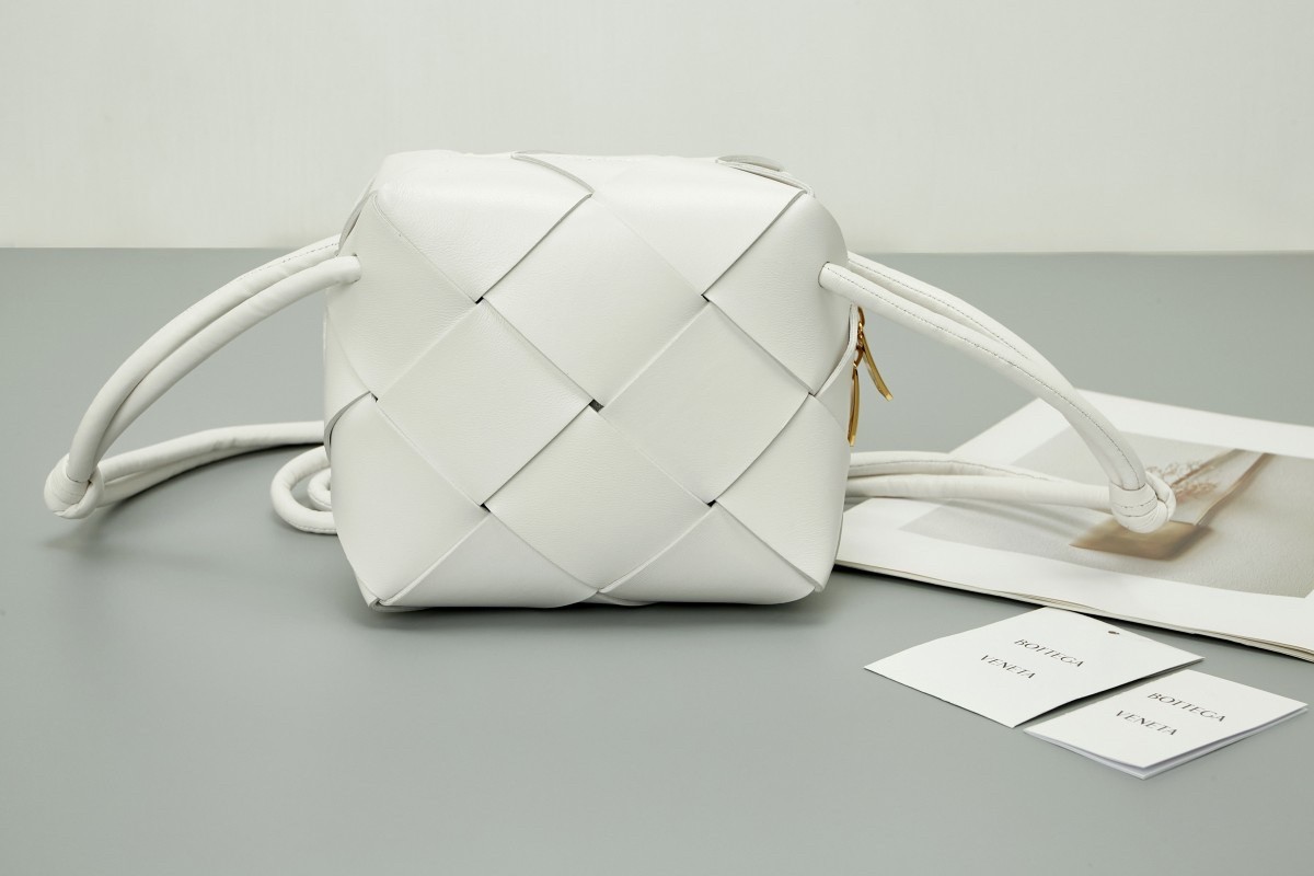 Bottega Veneta Mini Cassette Camera Bag In White Lambskin