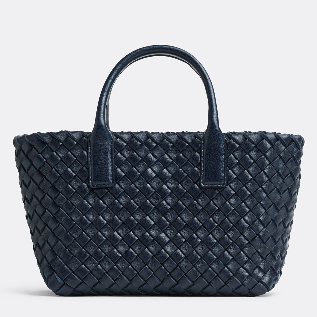 Bottega Veneta Cabat Mini Bag In Navy Blue Intrecciato Lambskin