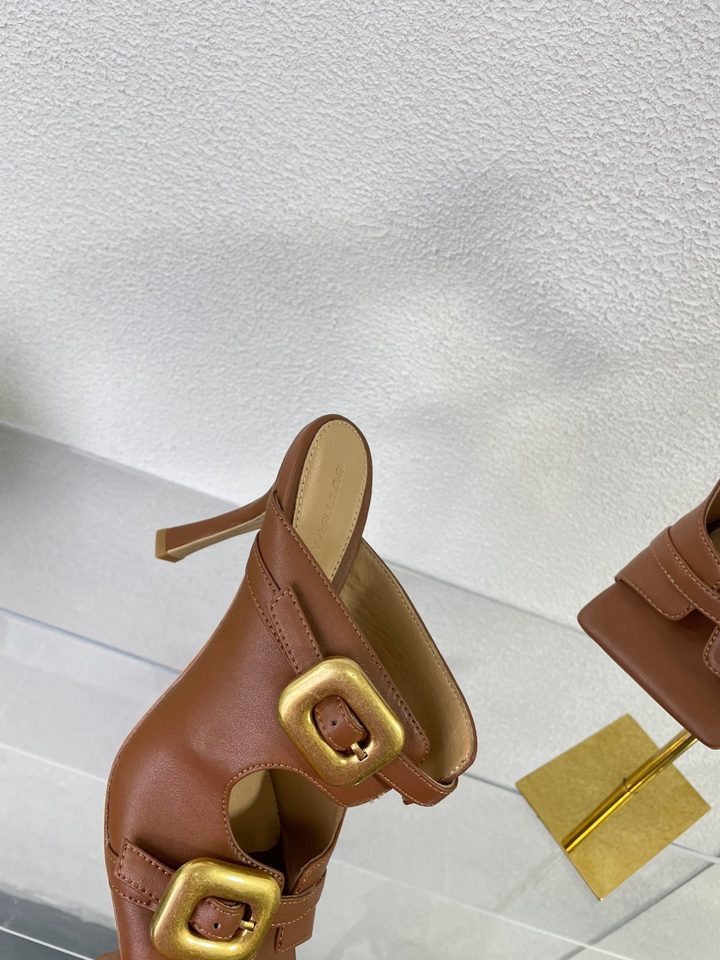 Bottega Veneta Stretch Buckle Mules in Caramel Calfskin