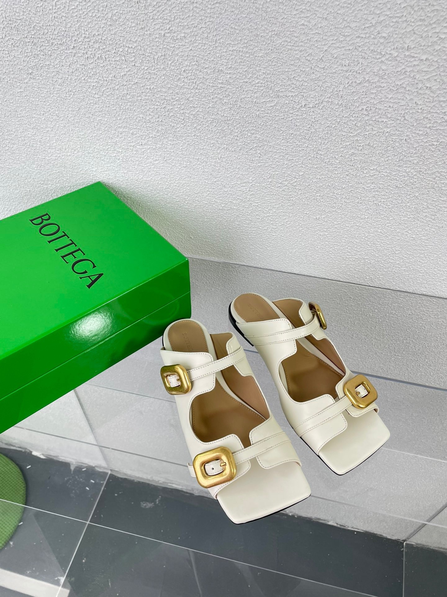 Bottega Veneta Stretch Buckle Sandals in White Calfskin