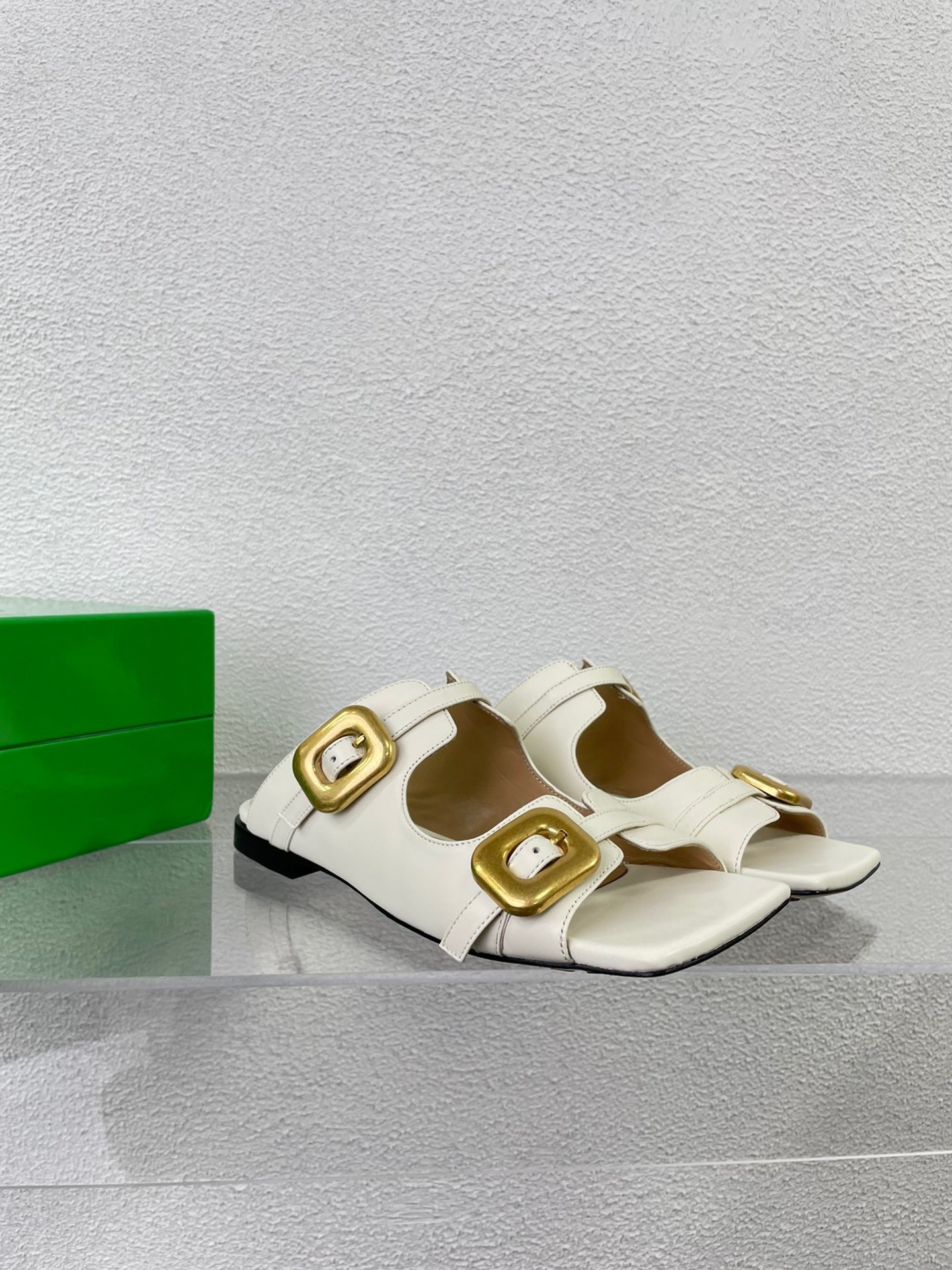 Bottega Veneta Stretch Buckle Sandals in White Calfskin