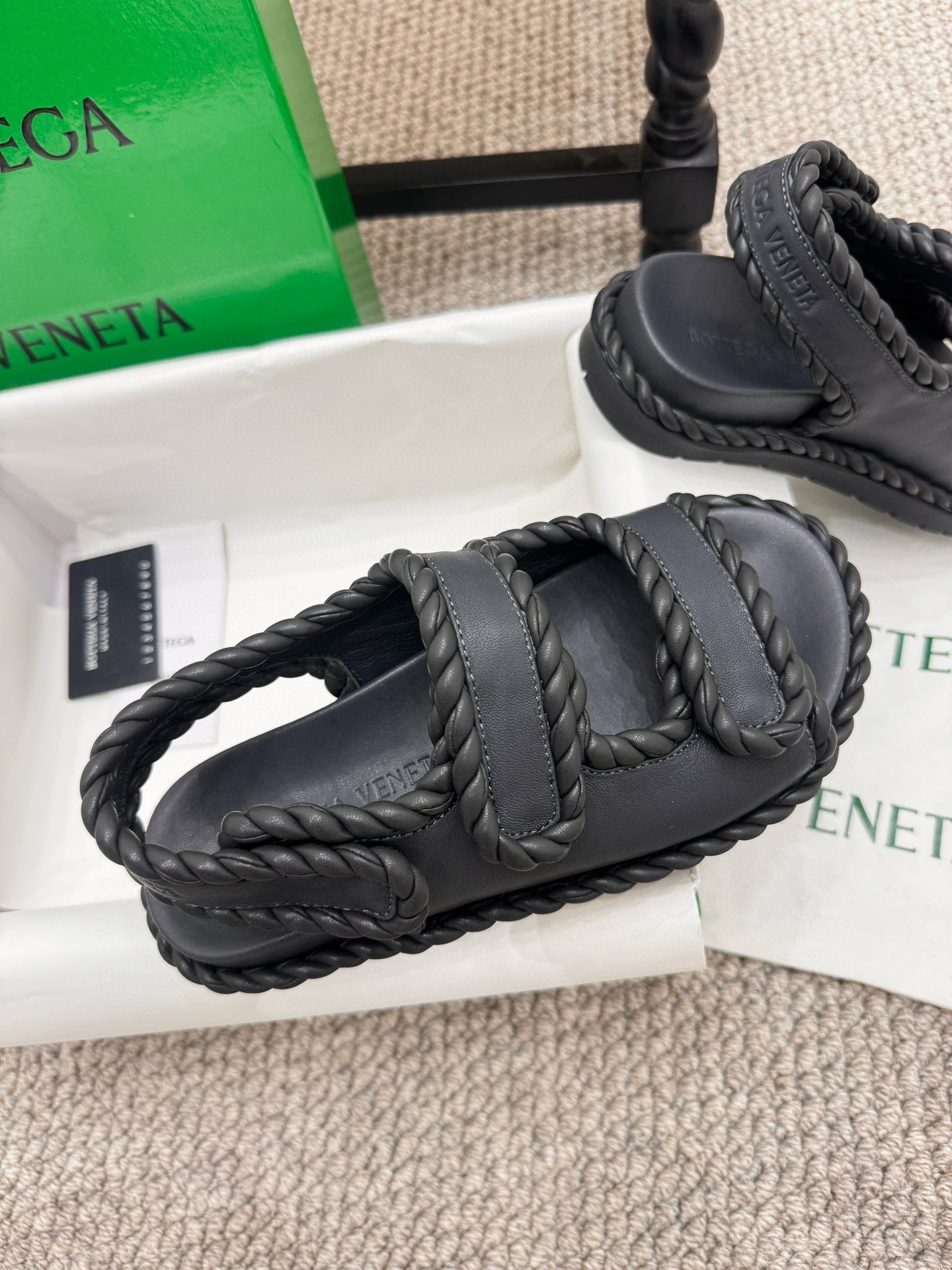 Bottega Veneta Jack Flat Slingback Sandals in Black Lambskin