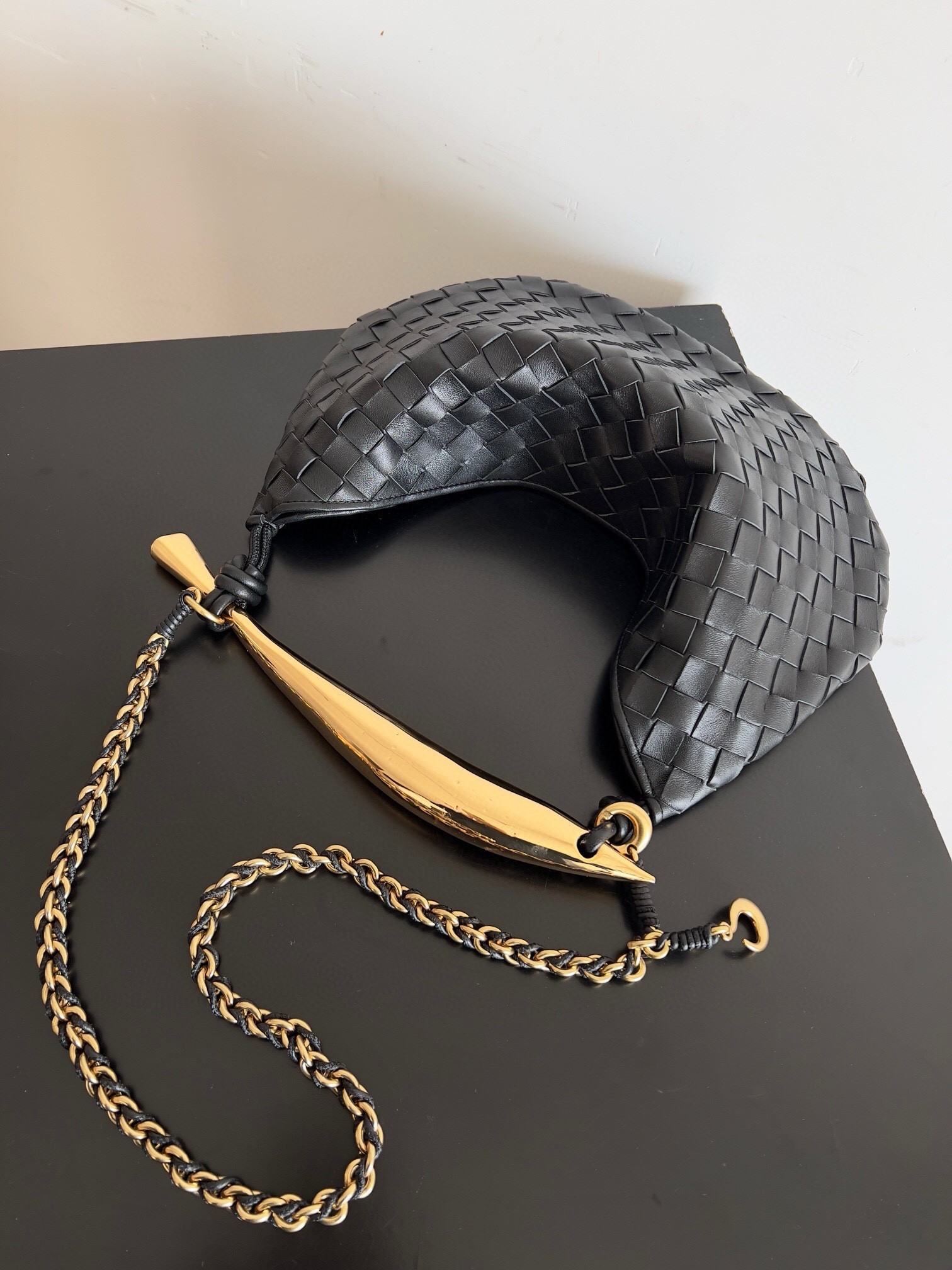 Bottega Veneta Sardine Small Bag with Chain in Black Lambskin