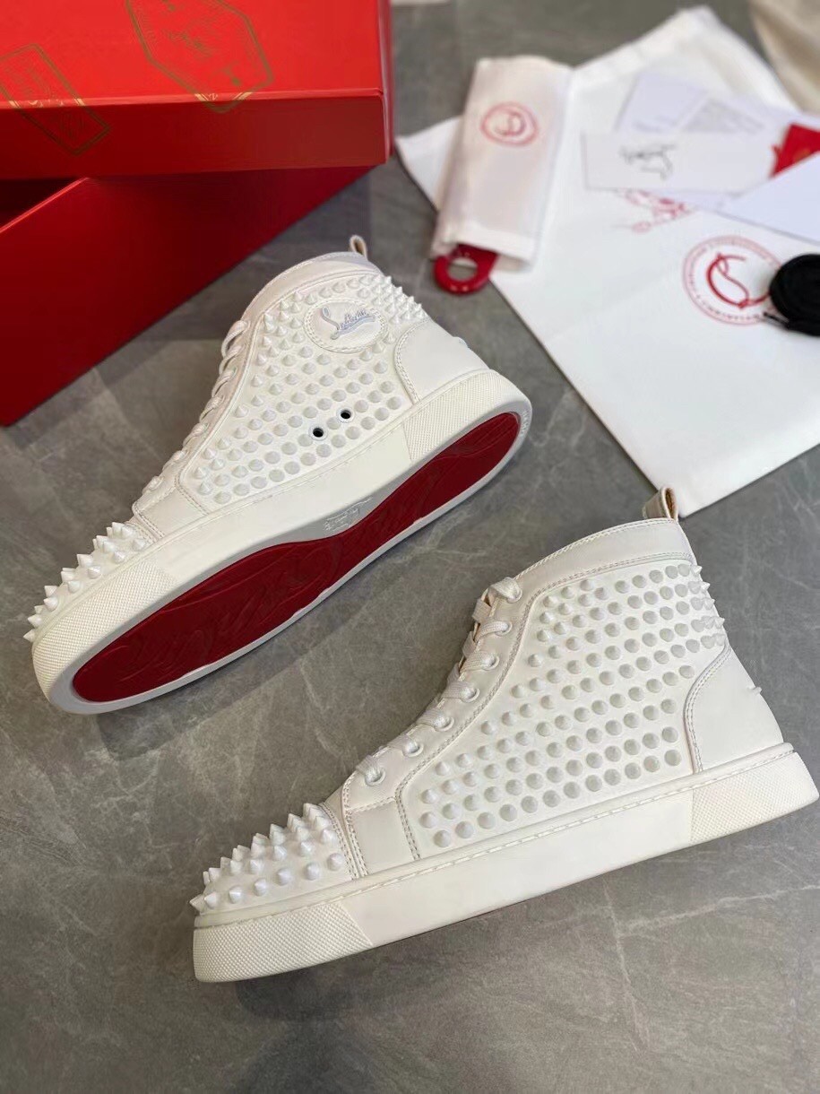 Christian Louboutin Men's Louis Spikes Flat Sneakers In White Leather