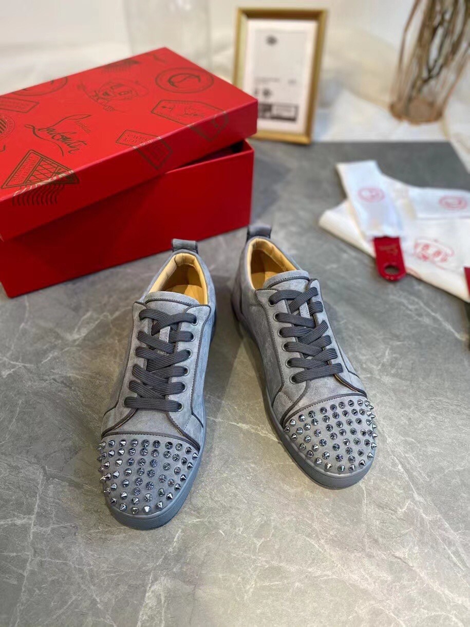 Christian Louboutin Men's Louis Junior Spikes Orlato Flat Sneakers Grey