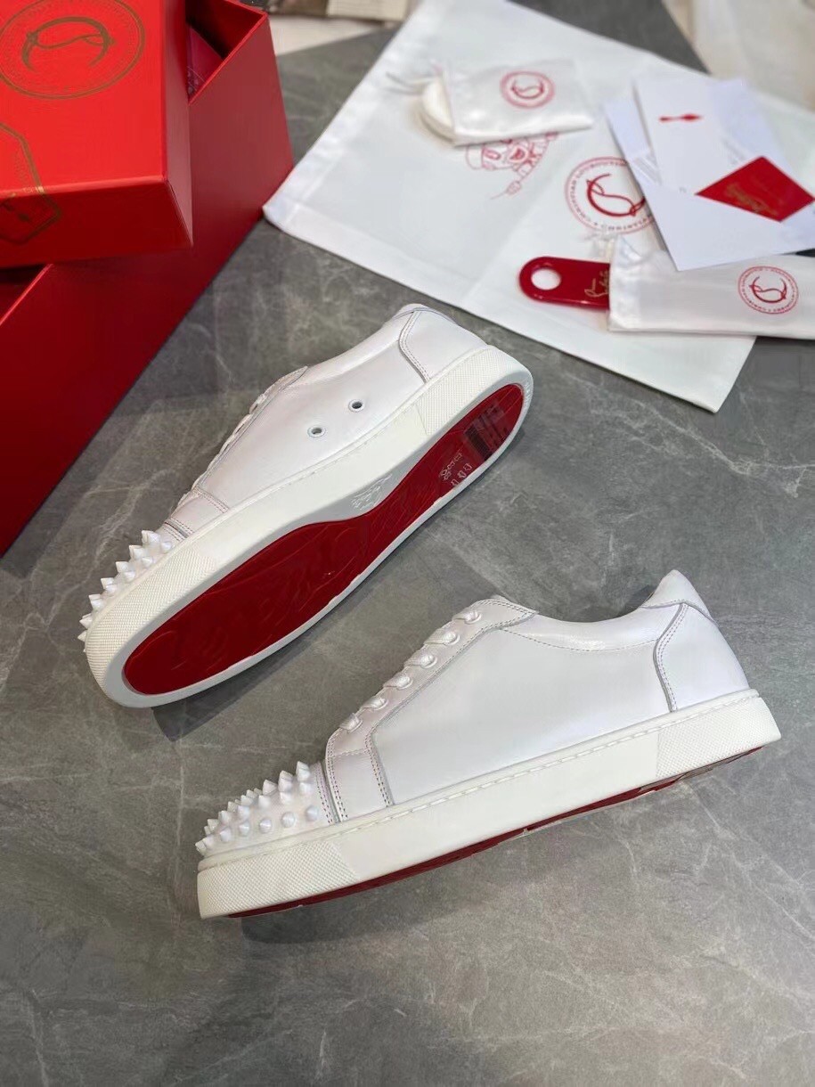 Christian Louboutin Men's Louis Junior Spikes Flat Sneakers In White Leather