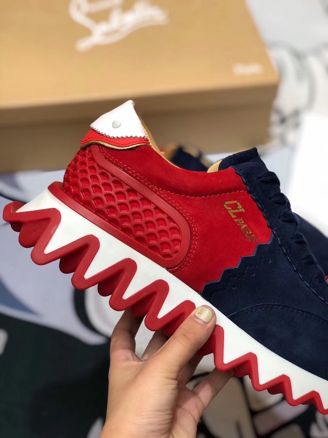 Christian Louboutin Men's Loubishark Sneakers In Blue/Red Suede