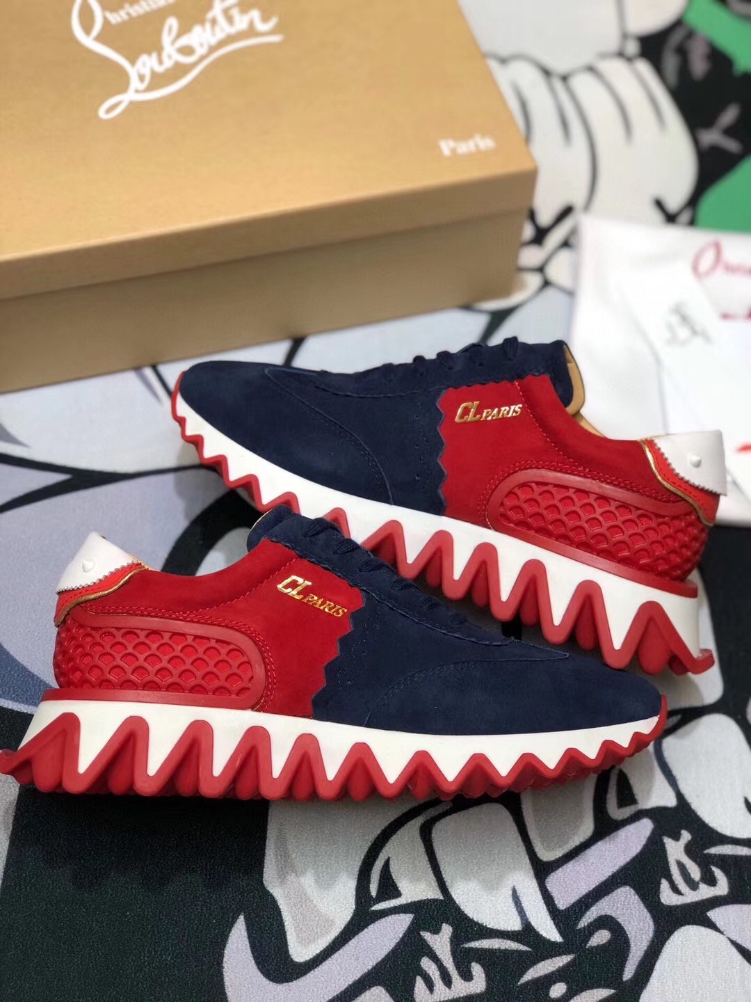 Christian Louboutin Men's Loubishark Sneakers In Blue/Red Suede