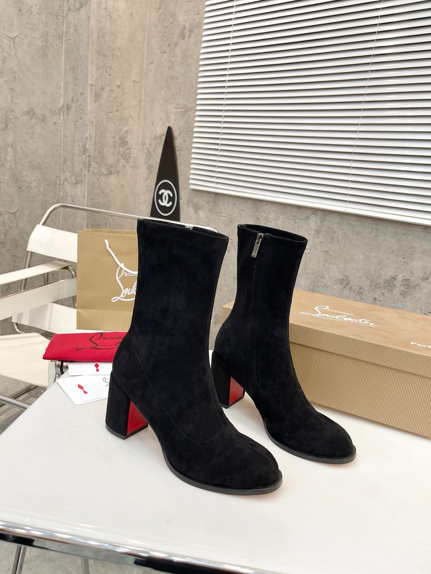 Christian Louboutin Stretchadoxa 70MM Ankle Boots in Black Suede