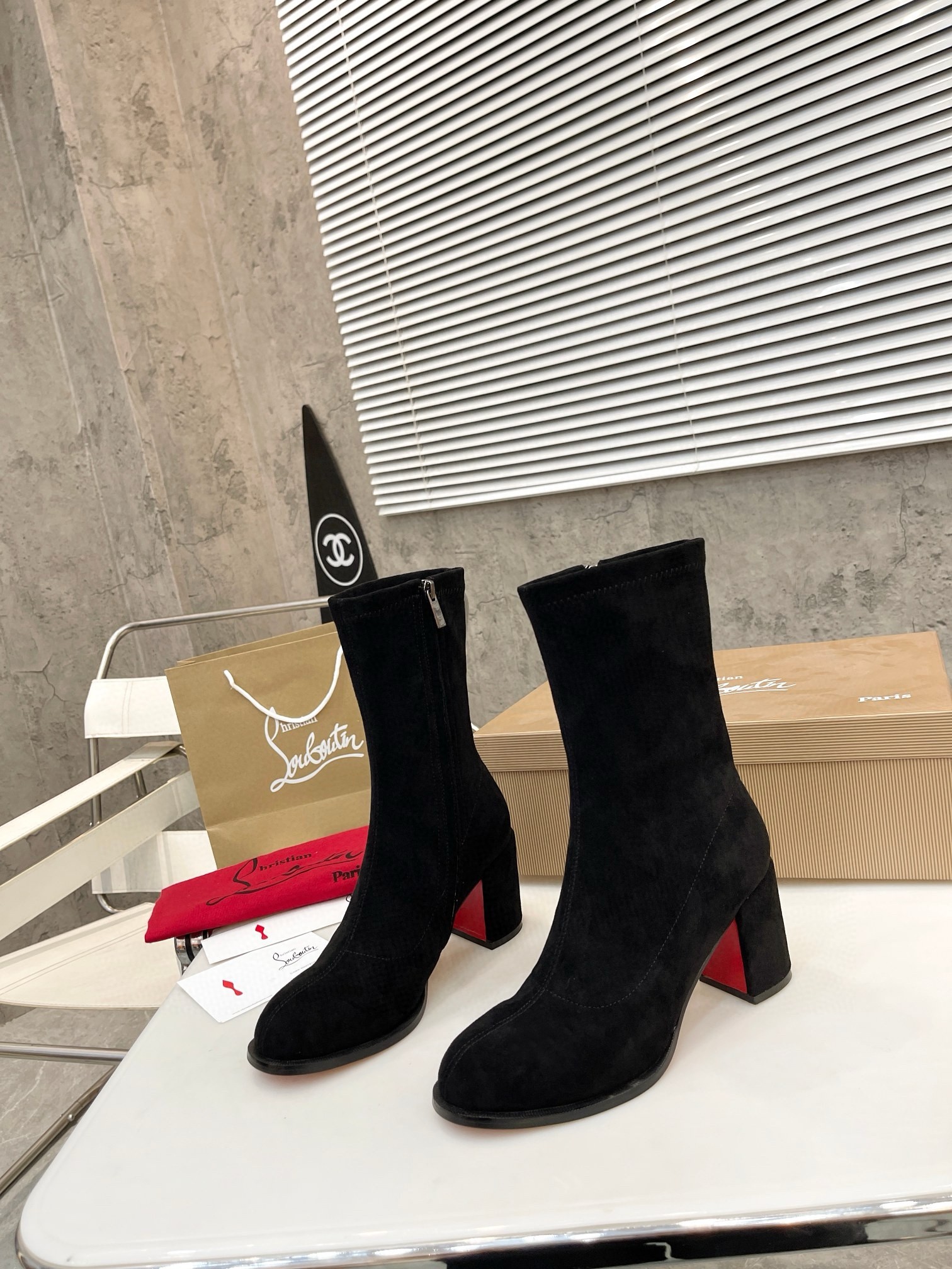 Christian Louboutin Stretchadoxa 70MM Ankle Boots in Black Suede