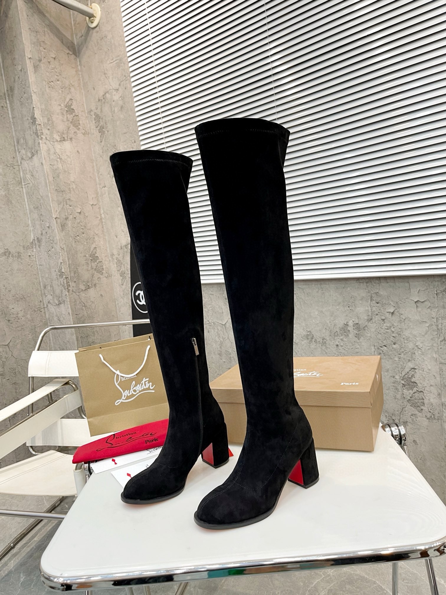 Christian Louboutin Stretchadoxa Botta Alta 70MM Boots in Black Suede