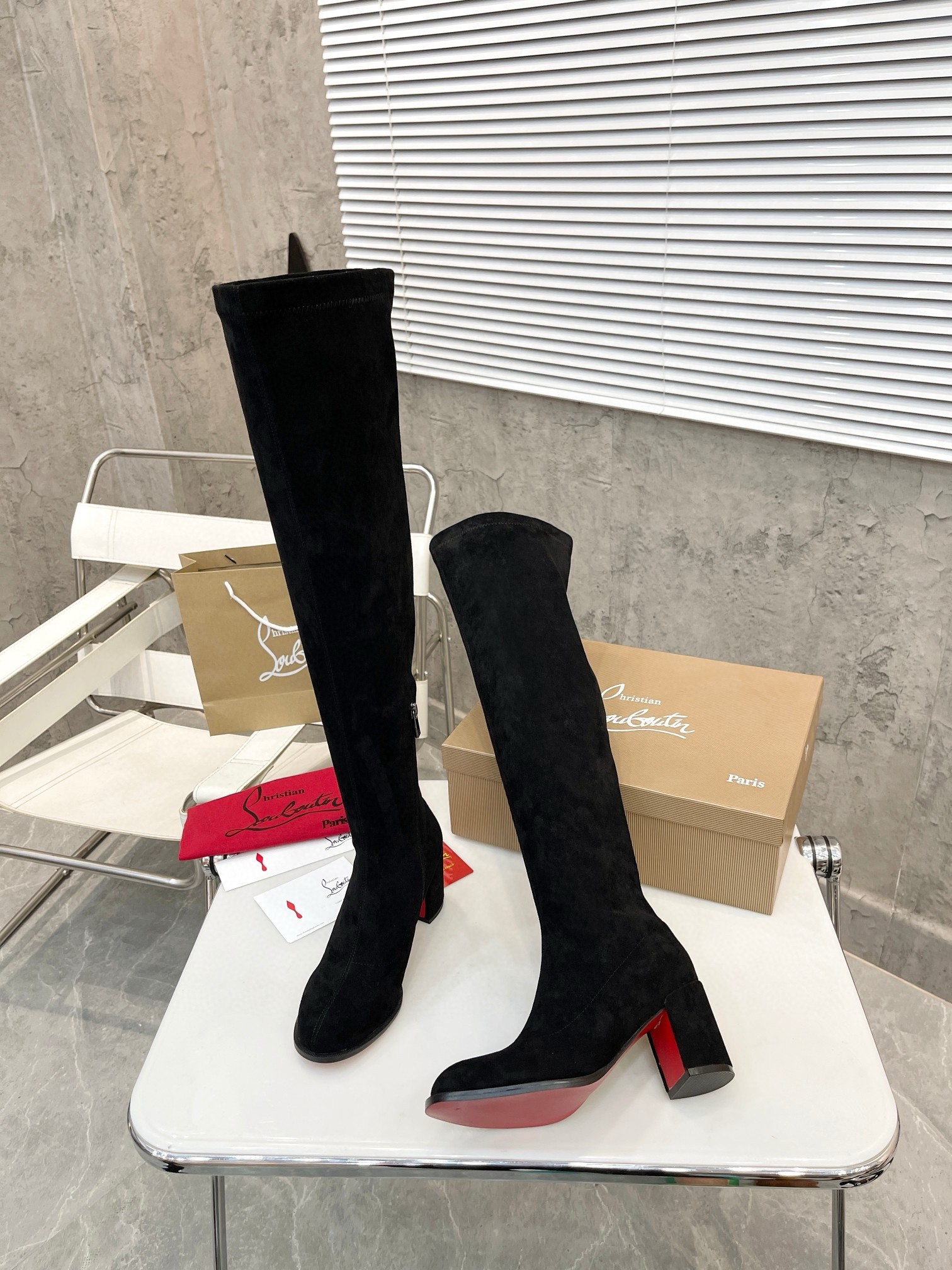 Christian Louboutin Stretchadoxa Botta Alta 70MM Boots in Black Suede