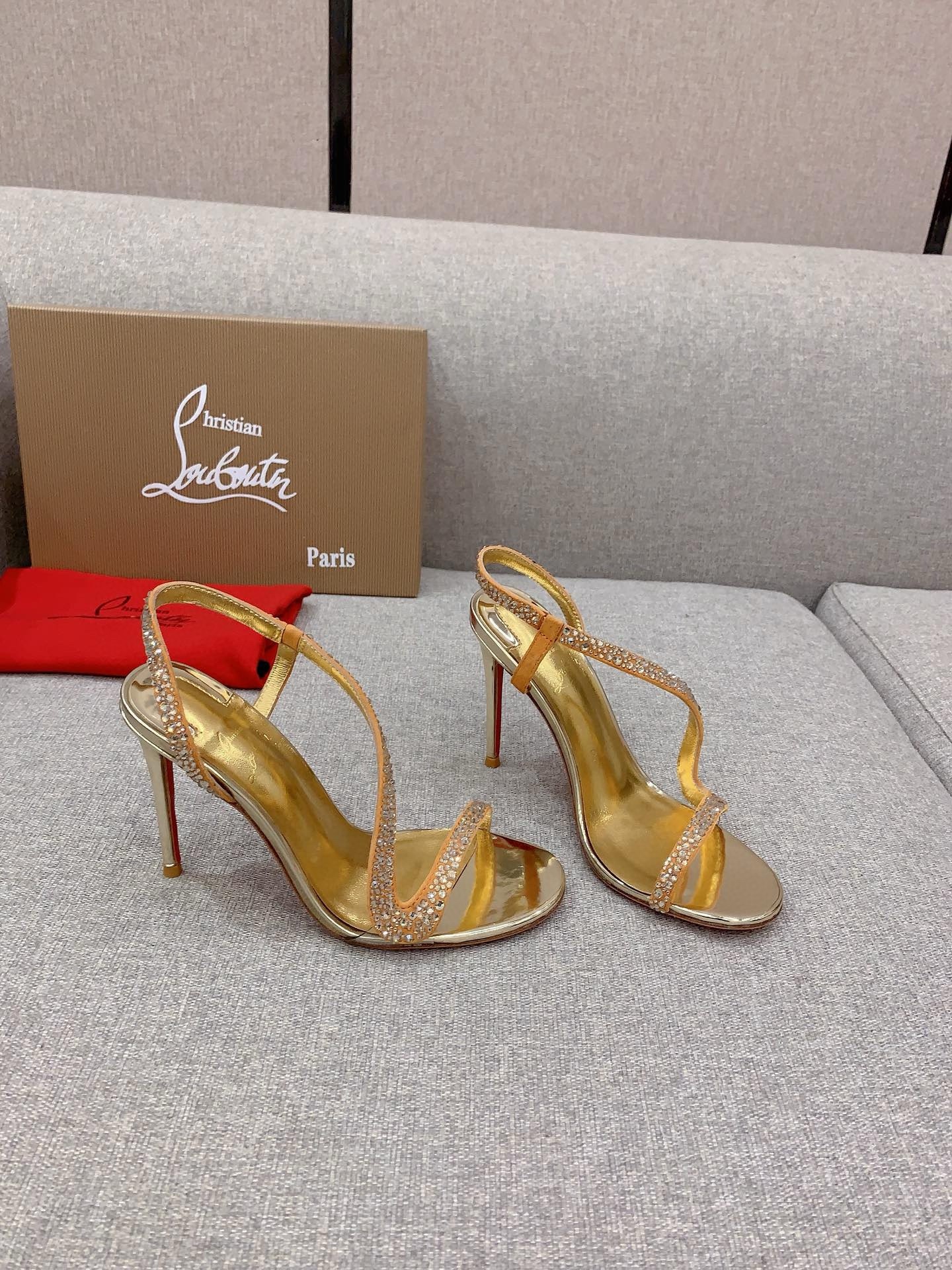 Christian Louboutin Rosalie Strass Sandals 100mm in Gold Leather