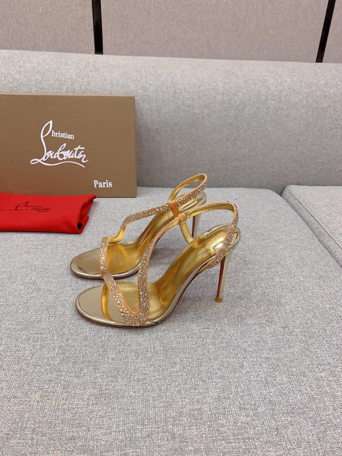 Christian Louboutin Rosalie Strass Sandals 100mm in Gold Leather