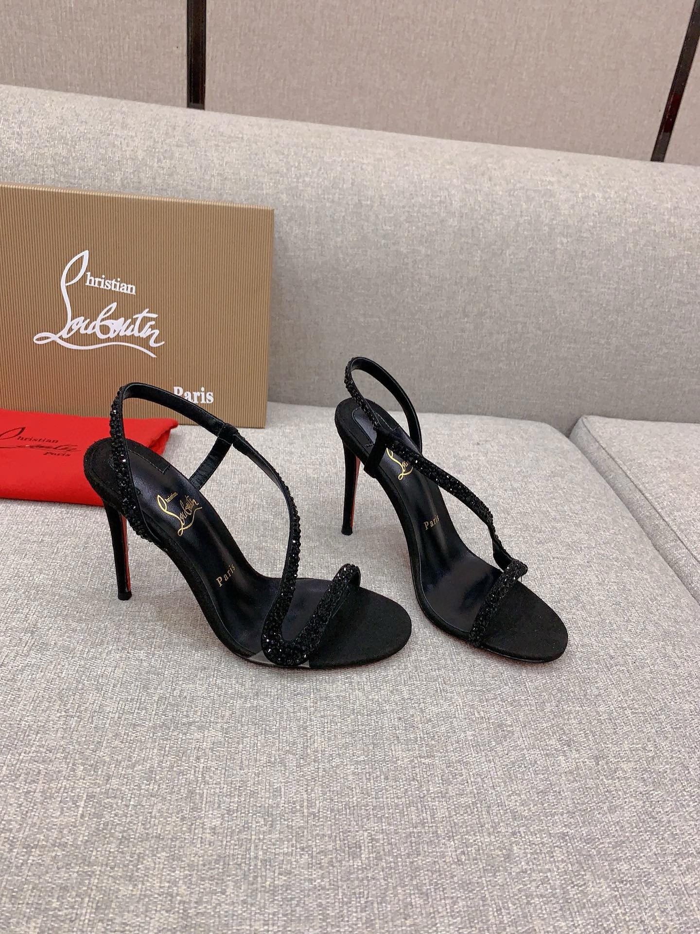 Christian Louboutin Rosalie Strass Sandals 100mm in Black Leather